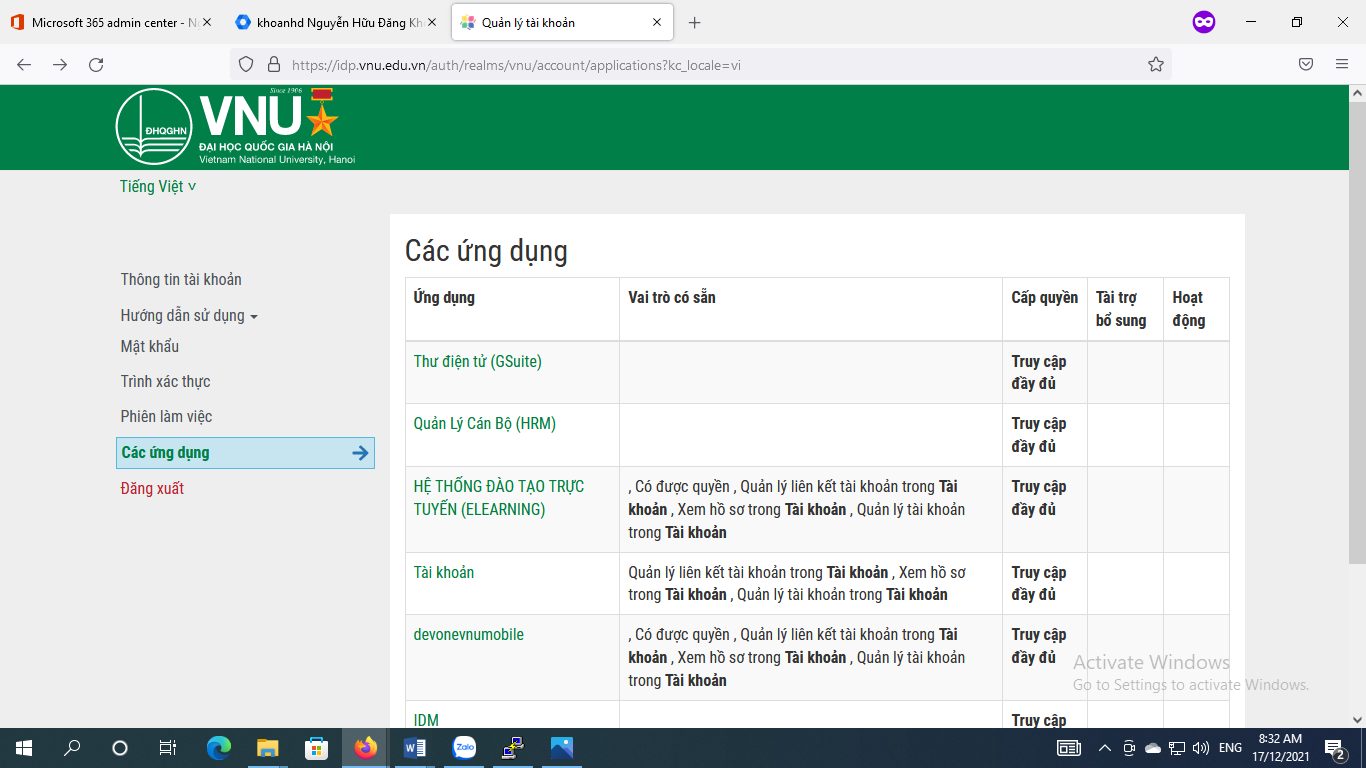 Giao diện hệ thống IDP VNU