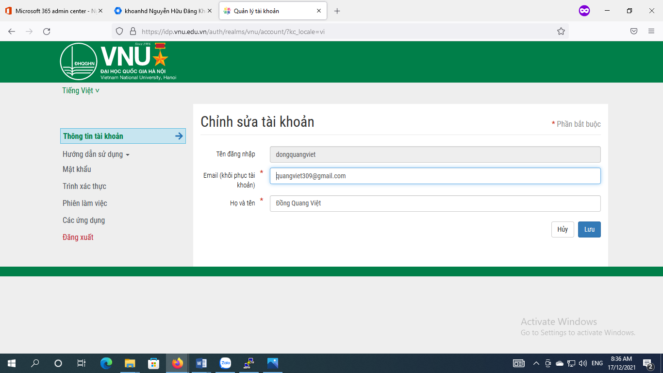 Cập nhật email khôi phục