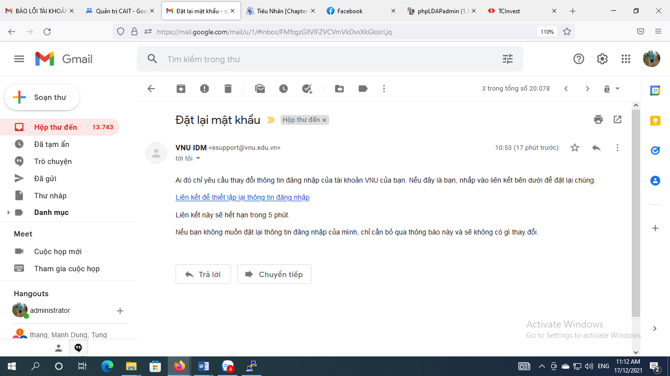 Email xác nhận lấy lại mật khẩu